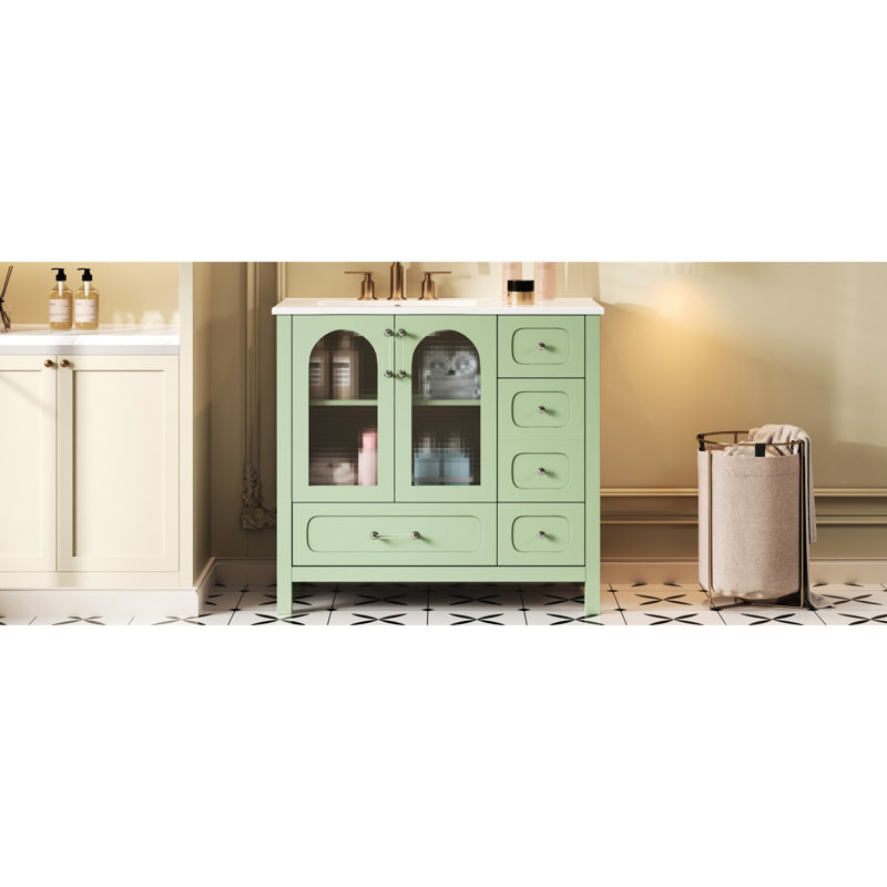 Meuble-lavabo de 36 po avec portes en verre texturé gaufré, quatre unités de tiroir profond, intérieur réglable, revêtement, poignées, verre avec rangement intelligent, tiroirs, deux tablettes, couleur fraîche, sans couture
