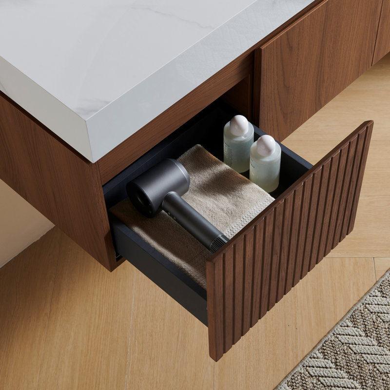 Meuble-lavabo flottant 48 po avec comptoir en pierre frittée Muri, Brown Oak, 48", Blanc de Carrare