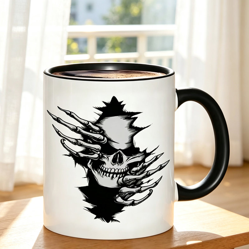 Gothic Skull Bone Shadow Ceramic Mug - Reusable Coffee & Tea Cup with Non-Slip Base Suitable for Halloween, Christmas.