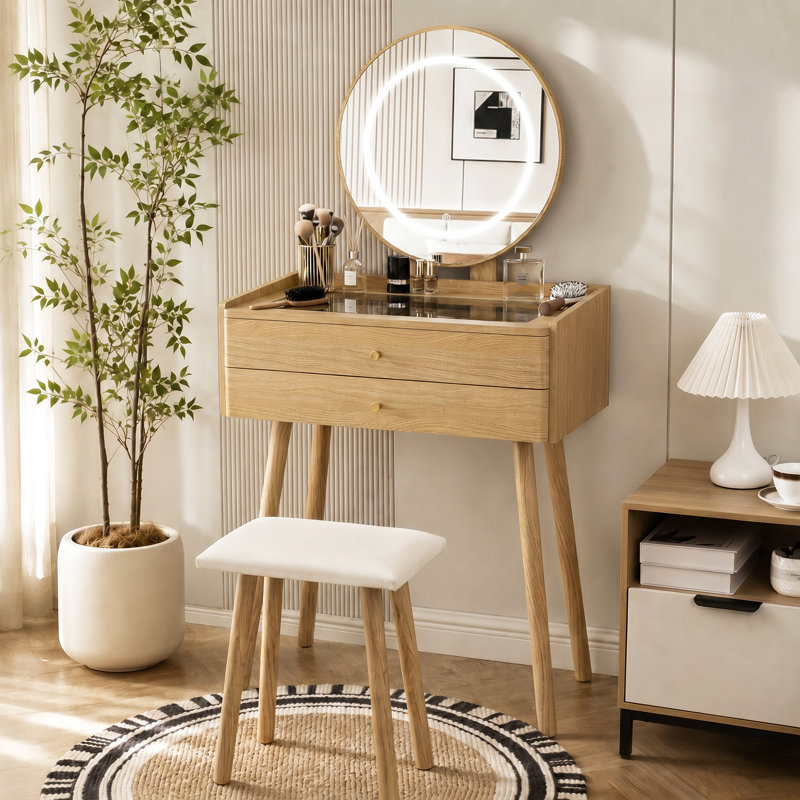 Small Vanity Desk With 3 Modes Lighted Mirror & Stool, Compact Vanity With 6-grid Organizer