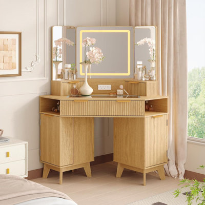 56" Fluted Makeup Vanity with Triple Mirror Lights, Glass Top & Charging Station for Bedroom Corner by George Oliver