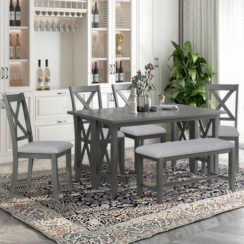Ensemble de salle à manger 6 pièces en bois massif avec 4 chaises et banc pour la salle à manger, Grey