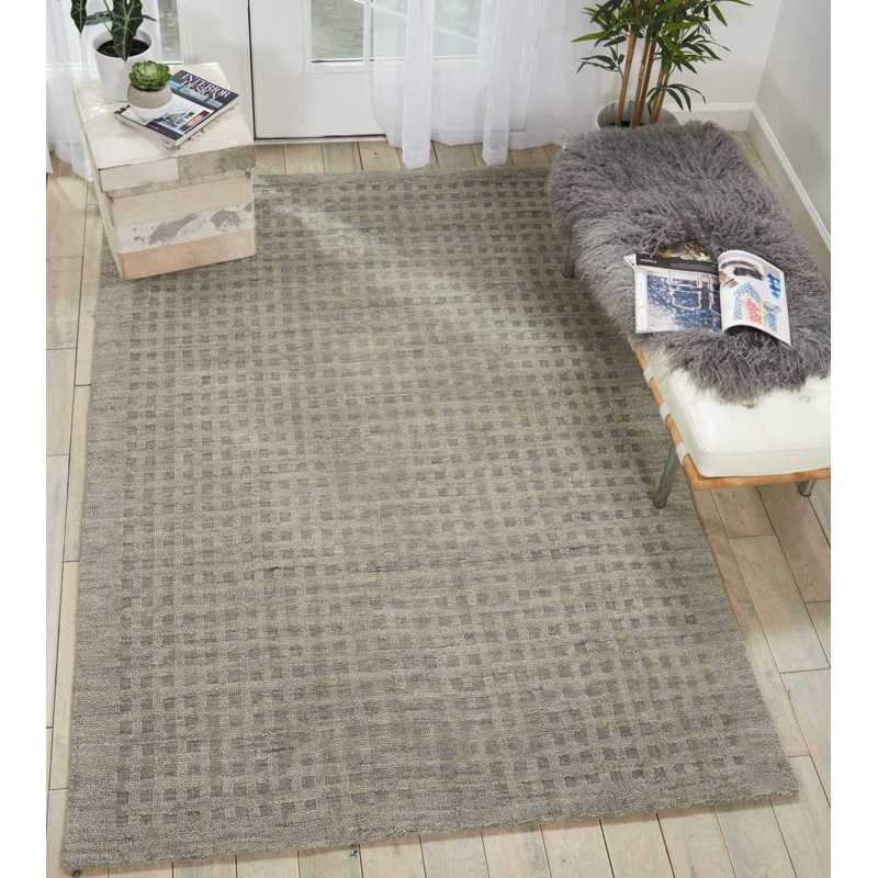 Tapis gris en laine tissé à la main Barthelus, Rectangle 6 pi 6 po x 9 pi 6 po