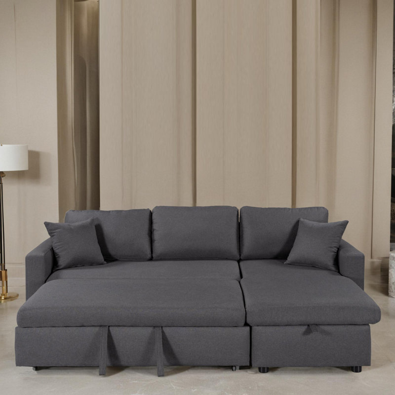 88" Wide Right-Hand Facing Sleeper Sectional Sofa & Chaise, Gray Polyester Blend