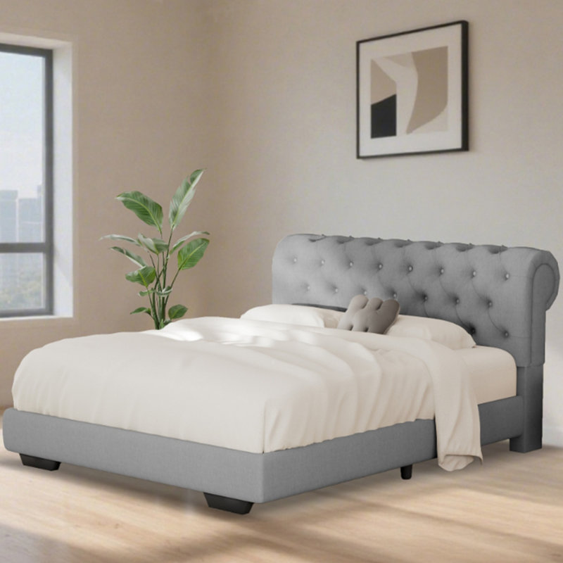 Structure de lit rembourrée en tissu de lin avec tête de lit réglable / style Chesterfield / support à lattes de bois, Gris