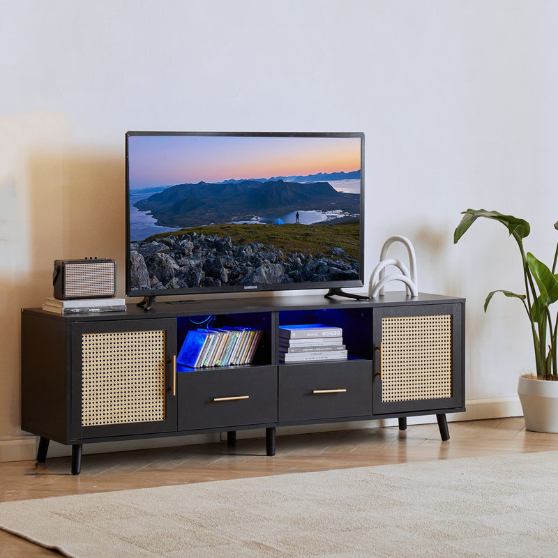 Black Wood and Rattan TV Stand with RGB Lights