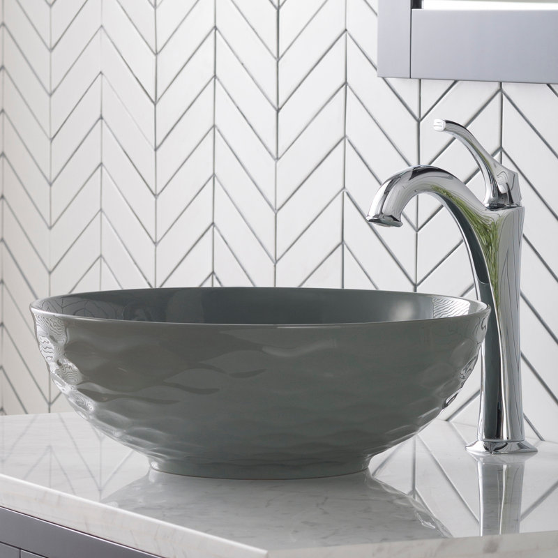KRAUS Viva Thin Porcelain Ceramic Vessel Bathroom Sink with Pop-Up Drain, Gray