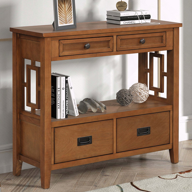Console en bois de pin avec 4 tiroirs et 1 tablette de rangement Farmhouse, Brun