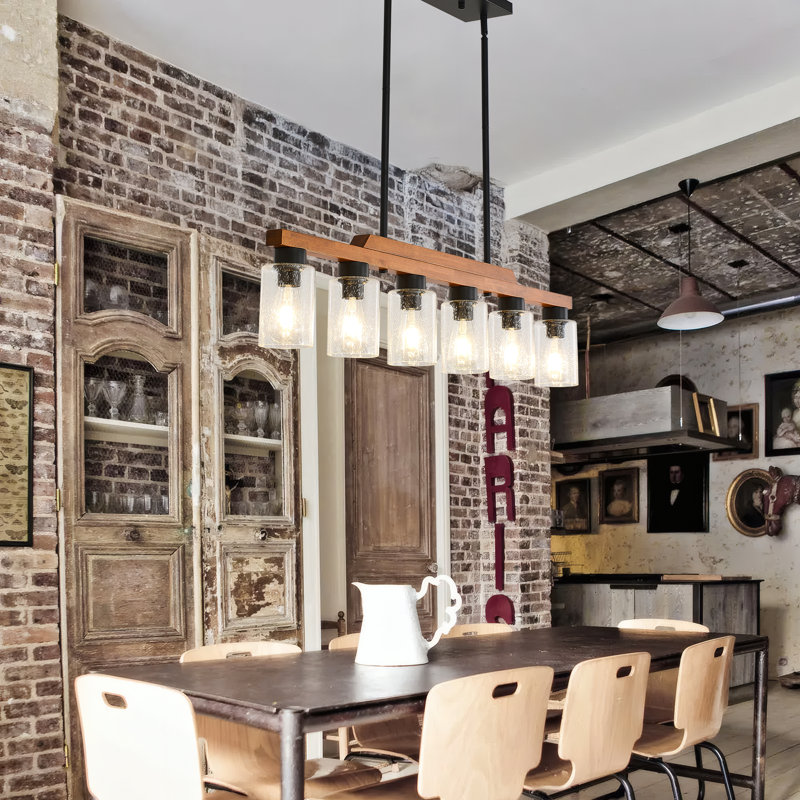 6lights Rustic Wood Linear Pendant Light, Adjustable Farmhouse Chandelier With Seeded Glass Shades For Kitchen Island And Dining Room