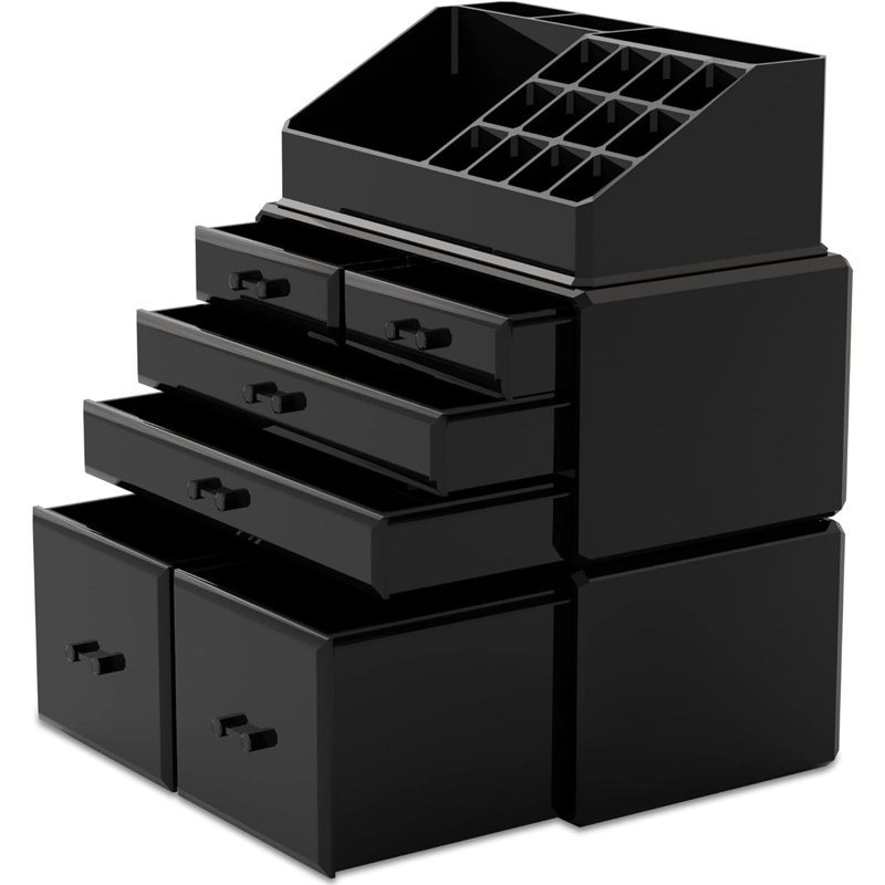 Étui de rangement pour maquillage 3 pièces avec 6 tiroirs (noir), Noir