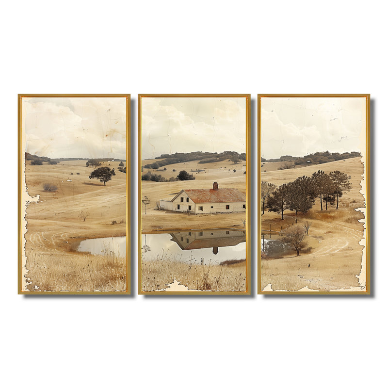 Ensemble de salon d'art mural brun, paysage de ferme américain I, Toile avec cadre flottant or, H 28 po x l 36 po x P 1 po
