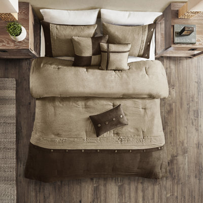 Édredon 7 pièces très grand brun - conception de chalet en faux suède, rembourrage, literie lavable à la machine pour un très grand lit, brun, chic, coussins décoratifs,