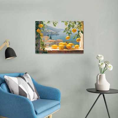 Sunny Mediterranean Lemons Tranquil Vibrant Abstract Lemon Tree Coastal Fruit Wall Art Print by Mathieu - Wrapped Canvas Print