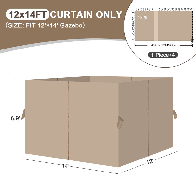 Aoodor Replacement 4-Panel Gazebo Sidewall Curtains, Sand Yellow, 82.7" H x 144" W x 168" D