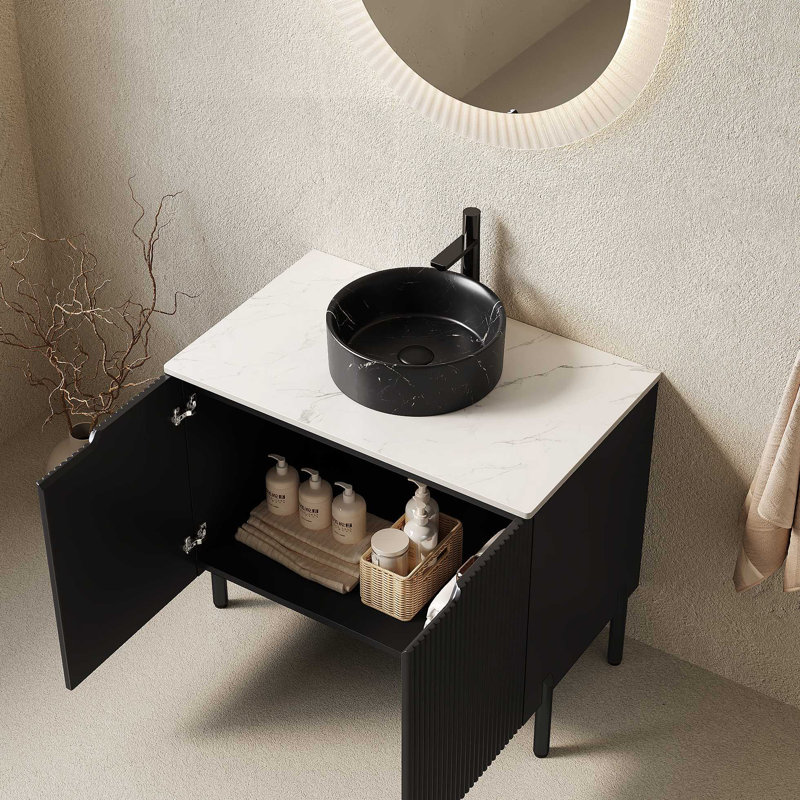 Meuble-lavabo de salle de bain 30 po avec lavabo, meuble de rangement autoportant avec lavabo rond en céramique à 2 portes avec motif en pierre et comptoir en pierre frittée, sans robinet