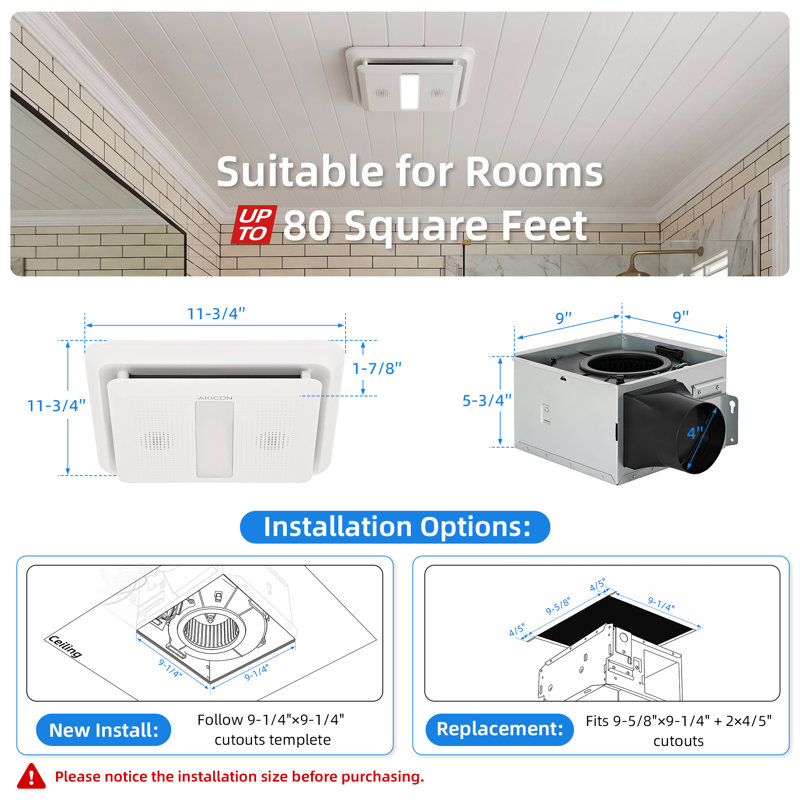 Ventilateur d'extraction de salle de bain 80 CFM 0,7 sones avec lumière et haut-parleur Bluetooth