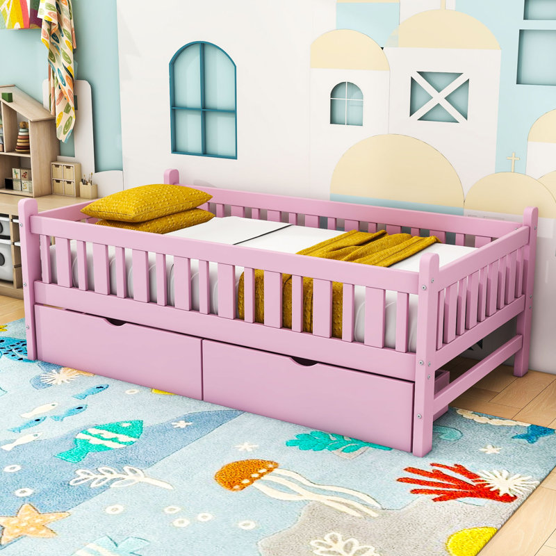 Lit plateforme simple avec tiroirs de rangement, Rose