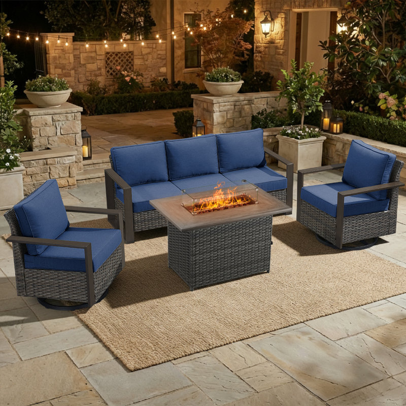 4-Piece Outdoor Rattan Modern Patio Fire Pit Conversation Set With Sofa & Swivel Chair, Gray, Blue