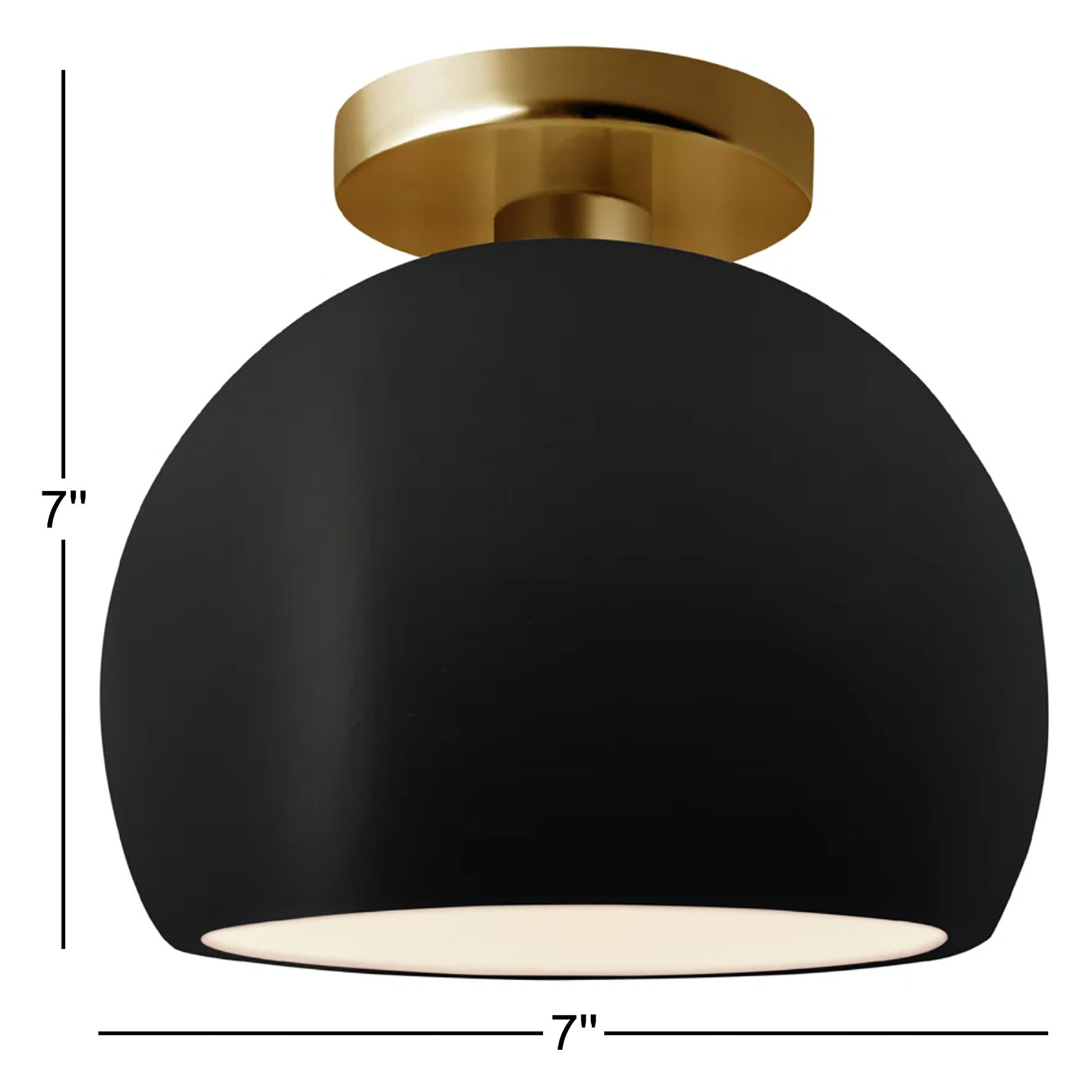 Single Light Ceramic LED Semi Flush Mount, Carbon Matte Black, 7" H x 7" W x 7" D, Brushed Brass