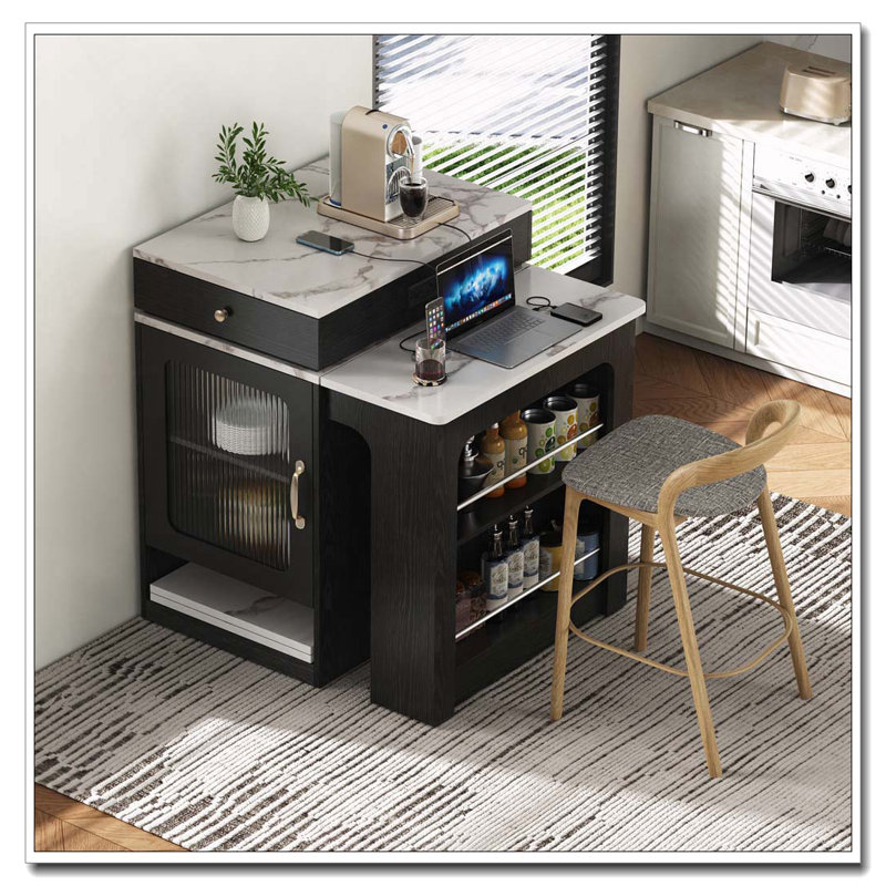 59.5"Kitchen Island With Extendable Dining Table, Kitchen Storage Table With Double-Sided Storage, Kitchen Island With 2 Drawers, Power Outlet, Side Open Shelves, For Kitchen