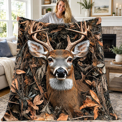 Couverture réaliste à motif tête de cerf (1 pièce), jeté en flanelle imprimé camouflage forêt et faune sauvage, couverture ultra douce, confortable, légère et chaude pour canapé, lit, salon, dortoir, bureau, voyage, décoration intérieure, cadeau toutes saisons