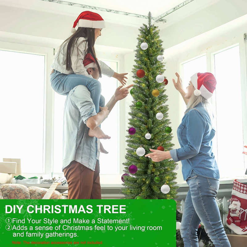 Arbre de Noël au crayon vert 5 pi - Arbre en PVC mince avec 263 pointes, conception compacte, support en métal stable, pour petits espaces et coins