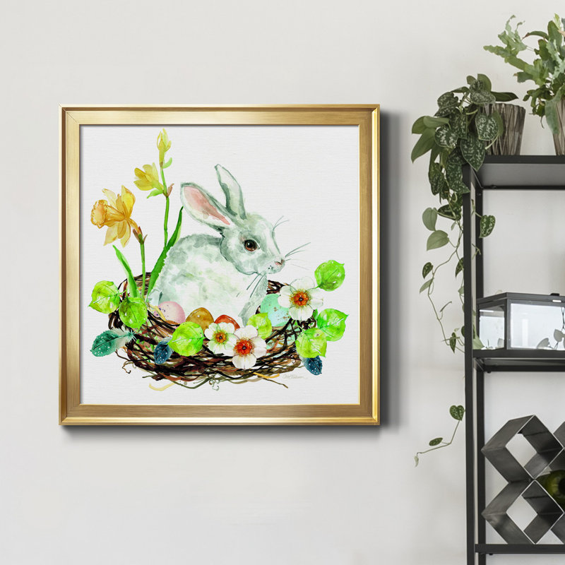 Bunny Wreath - Peinture sur toile encadrée, H 30,5 po x l 30,5 po x P 1,5 po, Encadrement doré