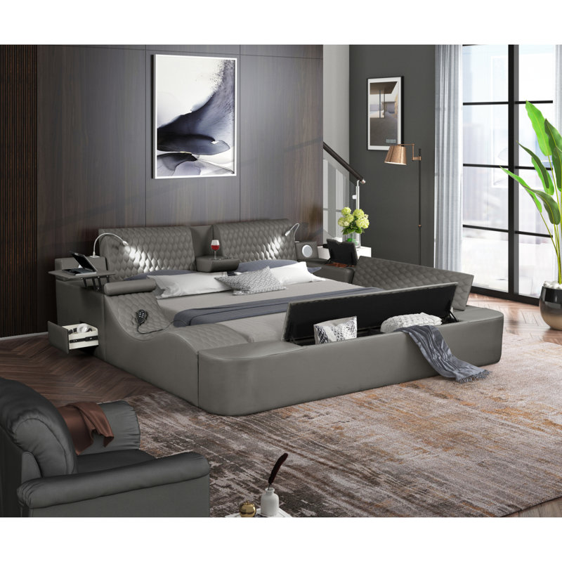 Grand lit masseur multifonctionnel en bois et similicuir gris Zoya, Grey, Grand lit