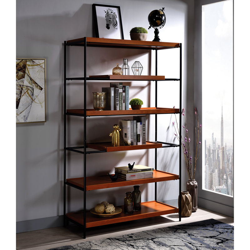 Bibliothèque à 6 tablettes avec structure en chêne miel et support noir - Présentoir polyvalent