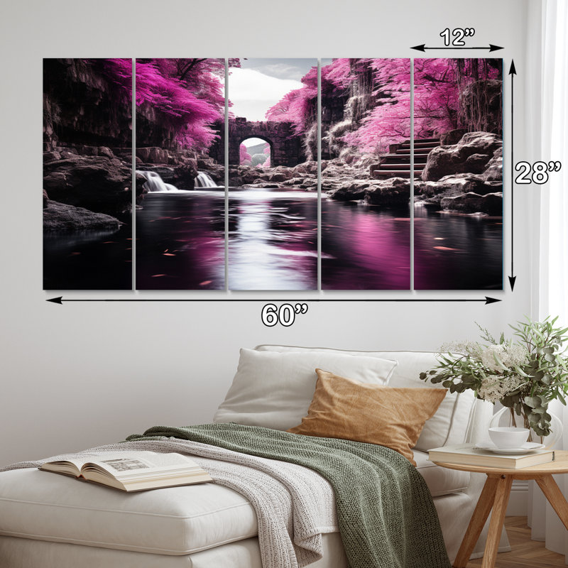 Ensemble de salon art mural en métal «Pink Tree Waterfall Uncharted Journey II»