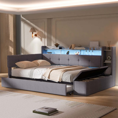 Lit de jour simple rembourré avec rangement, lit gigogne, charge USB et lumière DEL pour la vie moderne (matelas non inclus)