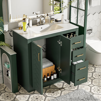 36'' Solid Wood Frame Bathroom Storage Cabinet Vanity with Ceramic Sink,3 Drawers and Soft Closing Doors
