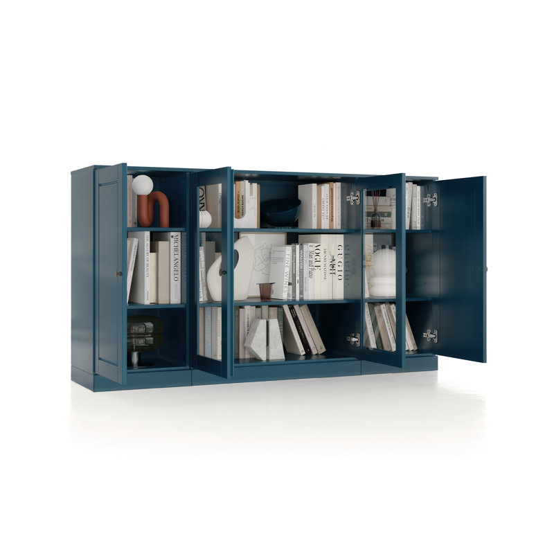 100% Solid Wood 65" Sideboard with Solid, Clear Glass Doors and Adjustable Shelves, Teal Blue