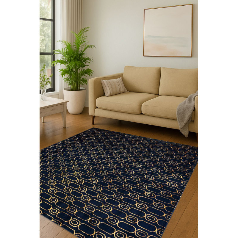Tapis contemporain bleu marine et doré Vincente, Carré 7 pi 10 po