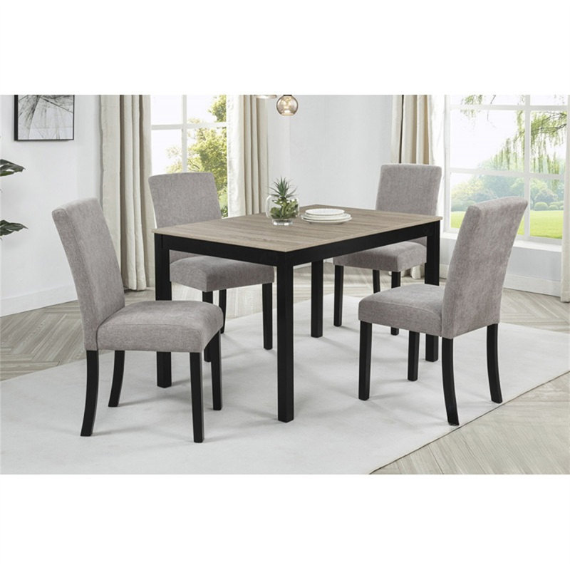 5Pc Set, 48 Inch Dining Table With 4Pc Grey Fabric Upholstered Side Chairs, Modern Dining Room Furniture Set