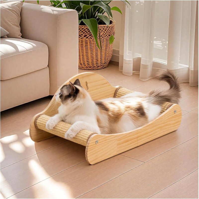 Chaise longue naturelle en bois massif à gratter, canapé-lit à griffer pour chats d'intérieur, protecteur de meuble à gratter 2 en 1 - Grand