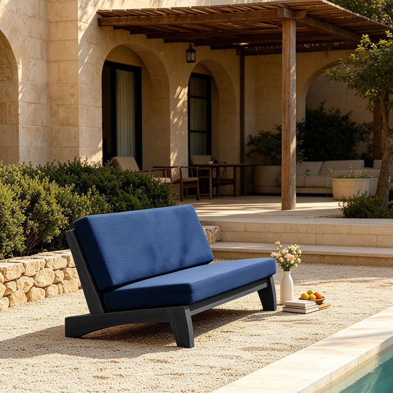 Chaise longue d'extérieur en bois de teck Polett, Noir, Marine