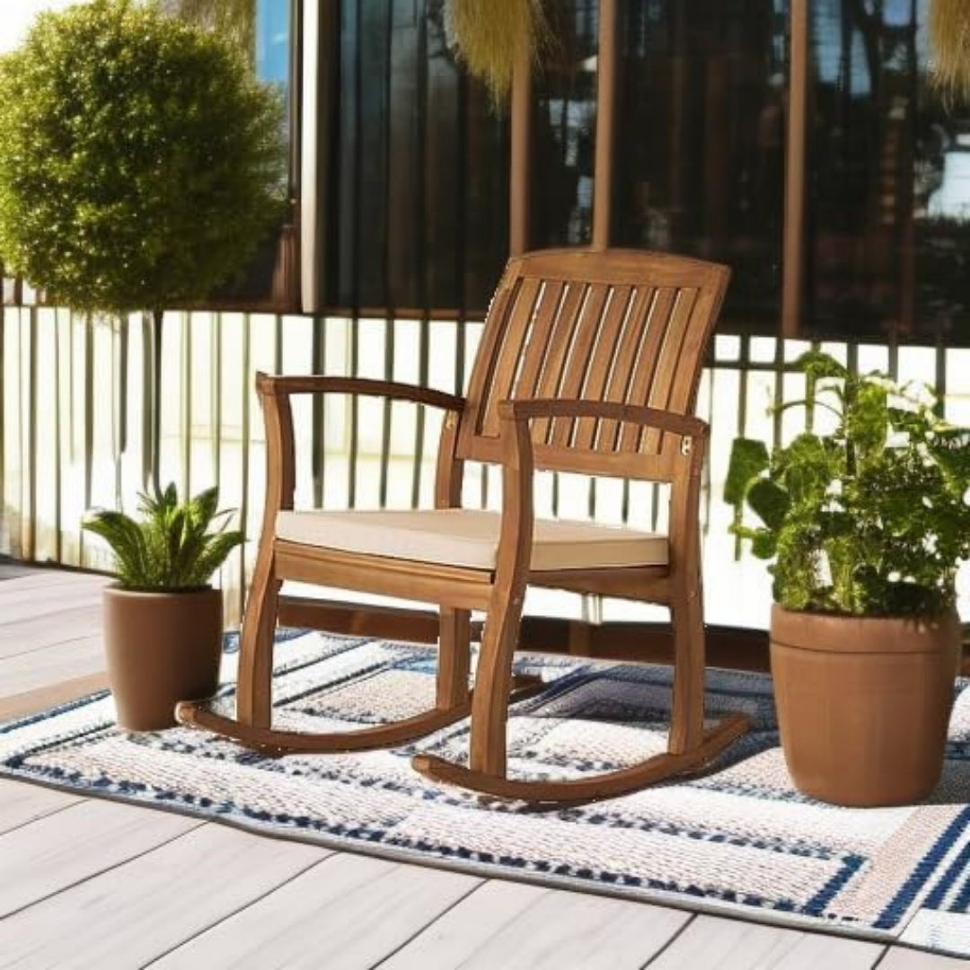 One Allium Way® Acacia Rocking Chair With Cushion, Teak Finish | Wayfair