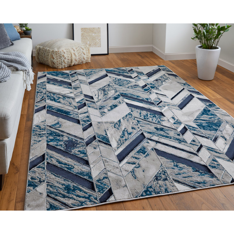 Blue and Gray Geometric Synthetic 4' x 6' Area Rug