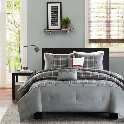 Grey Plaid Twin/Twin Xl Comforter With Decorative Accents Modern Grey And White Color
