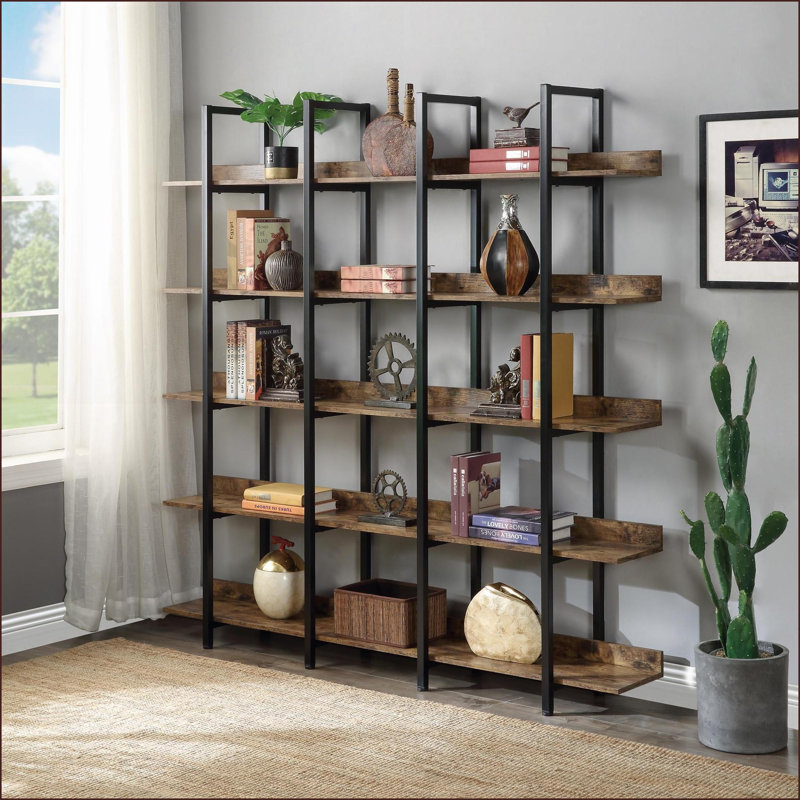 Bibliothèque de bureau à 5 niveaux, Noir / brun rustique, H 70,9 po x l 70,9 po x P 11,8 po