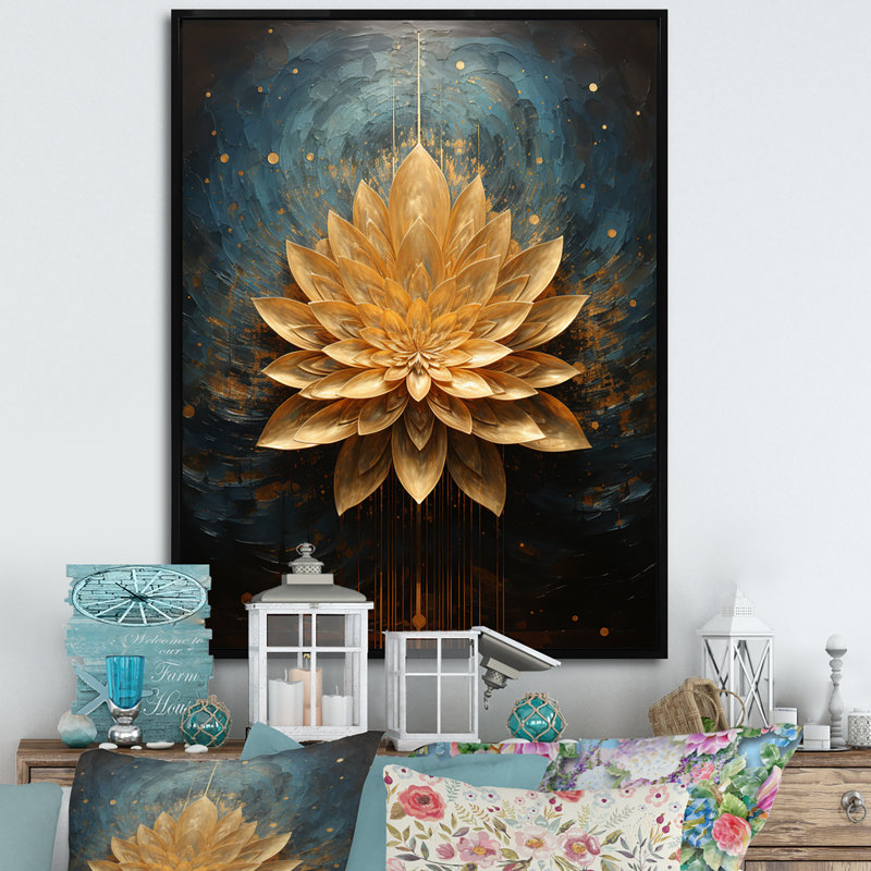 «Golden Blooming Retro Lotus I», reproduction sur toile, H 20 po x l 12 po x P 1 po, Cadre flottant noir