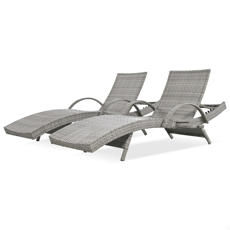 Outdoor Wicker Chaise Lounge Chairs Set Of 2, Patio Rattan Reclining Chair Pull-Out Side Table Adjustable Backrest Ergonomic Wave Design Pool Sunbathing Recliners