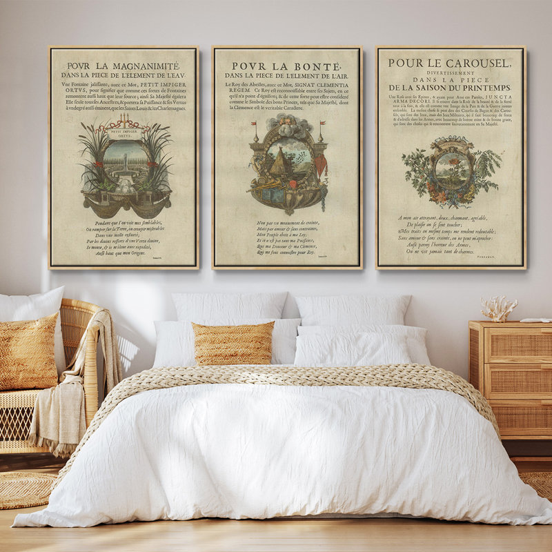 Ensemble de 3 ex-libris encadrés sur toile embellis II, Cadre en bois naturel, H 40 po x l 78 po