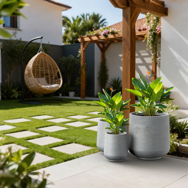 Tali 3 Piece Round Concrete Planter, Outdoor Indoor Large Planter Pots Containers with Drainage Holes for Set, Concrete Gray