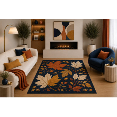 Tapis à feuilles d'érable d'automne «Ultra Léger» 5 pi x 7 pi Motif d'automne botanique bleu marine, orange, beige pour le salon, la chambre à manger, la salle à manger, le revers en silicone antidérapant