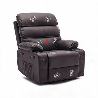 Fauteuil inclinable massant et chauffant en similicuir couleur café, largeur d'assise 132 cm, structure en fer et mousse, canapé inclinable manuel pour salon