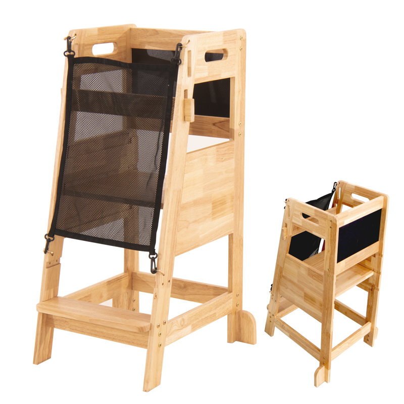 Tour d'apprentissage en bois massif avec plateforme réglable et barrière de sécurité pour tout-petits