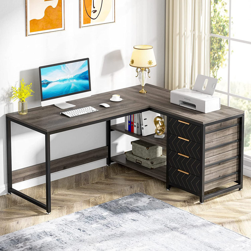 L-Shaped Computer Desk, Multi-Functional Desk with Shelves and Storage Drawers, Gray/Black
