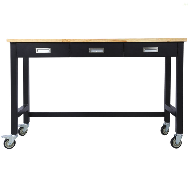 Banc de travail 60 po, banc de travail avec rangement de tiroir, table de travail en bois de bambou robuste avec roulettes pour le bureau à domicile